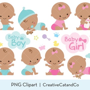 Cute Black Baby PNG Clipart, African American Boy & Girl, Baby Shower, Sleeping Baby, Milk Bottle, Announcement Invitation Illustration