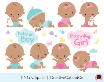 Schattige zwarte baby PNG-clipart, Afro-Amerikaanse jongen en meisje, babyshower, slapende baby, fles melk, aankondiging uitnodiging illustratie