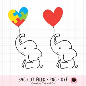 Quebra-cabeça de autismo Coração SVG PNG, Elefante bebê fofo com balão, Clipart de conscientização sobre autismo infantil, Design de suporte e amor, Arquivo de corte