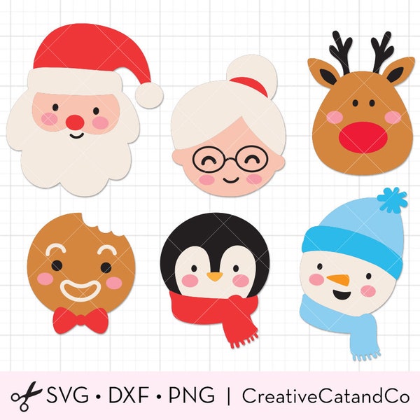 Christmas Santa Mrs Claus Reindeer Svg, Png, Clipart, Bundle Set, Penguin, Snowman, Face, Head, Winter, Holidays, Svg, Dxf, Cut Files