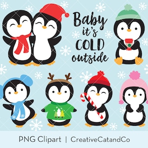 Holiday Penguin PNG Clipart Bundle, Cute Baby Penguin in Winter Outfit, Kawaii Cartoon, Penguin Couple Illustration