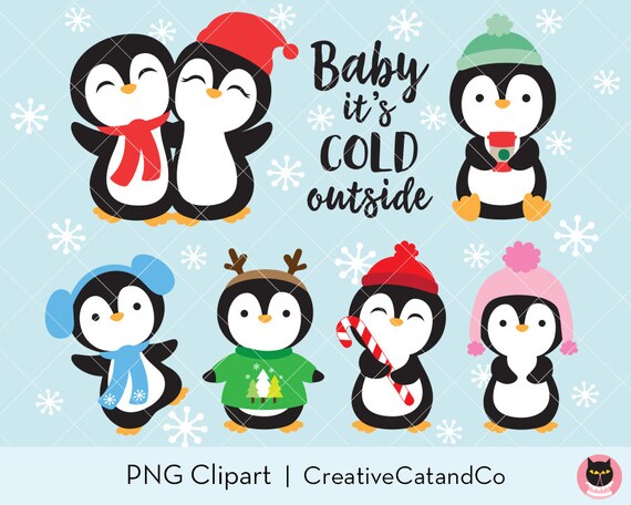 Winter Penguin Clipart In The Snow Cute Baby Penguins Wearing Etsy