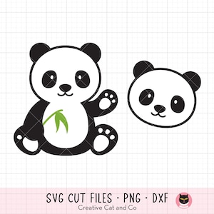 Panda SVG, PNG, DXF - Lindo bebé panda con bambú Clipart, cara de panda kawaii, cabeza, archivo de corte de Cricut de dibujos animados, descarga digital