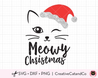 Meowy Christmas SVG DXF Cute Cat Face with Santa Hat Funny Christmas svg dxf Cut File for Cricut and Silhouette Clipart