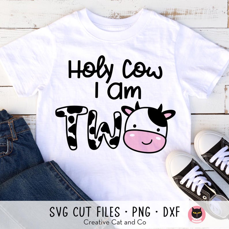 May include: White t-shirt with black text that says "Holy Cow I am Two" with a black and white cow illustration.