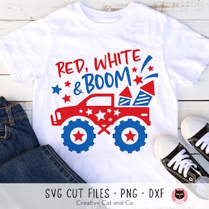 Rosso Bianco e Boom SVG PNG, Design per maglietta per bambini con fuochi d'artificio del 4 luglio, Clipart patriottico di Monster Truck, Sublimazione di camion fuoristrada per bambini