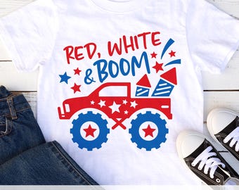 Red White and Boom SVG PNG, 4th of July Firework Kid Shirt Design, Monster Truck Patriotic Clipart, Boy Off-Road Truck Sublimation