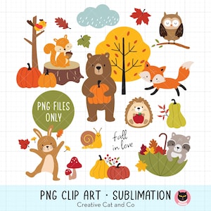 May include: A collection of fall-themed clip art featuring a variety of animals and seasonal elements. Includes a bear holding a pumpkin, a squirrel, an owl, a fox, a hedgehog, a rabbit, and pumpkins. The text "PNG FILES ONLY" is visible.