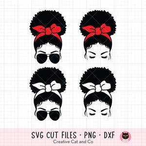 May include: Four black and white illustrations of a woman with an afro hairstyle, wearing a red headband. Two of the illustrations show the woman with sunglasses, and the other two show the woman with her eyes closed.