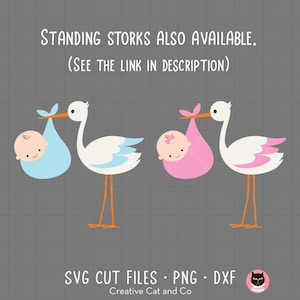 Storks with baby boy and girl SVG and PNG. Baby shower and baby announcement clip art.