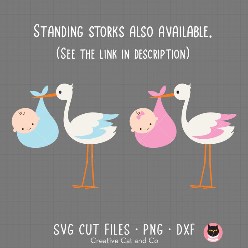 Storks with baby boy and girl SVG and PNG. Baby shower and baby announcement clip art.