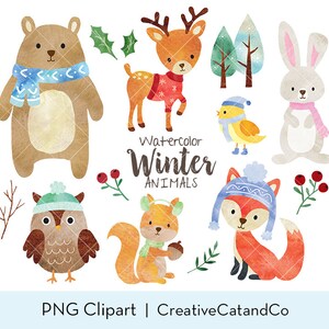 Watercolor Winter Animal PNG Clipart Set, Woodland Animals in Winter Outfits Illustration, Bear, Deer, Rabbit, Owl, Fox, Squirrel