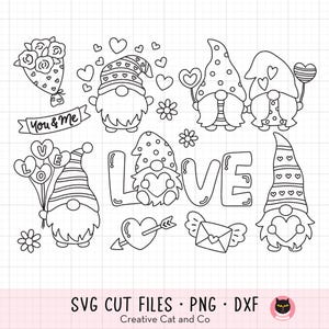 Valentine Gnomes Outline Coloring Svg, Png, Outlined Gnome with Heart, Gnome Couple, Kid Party Coloring Activity Svg Dxf Png Clipart