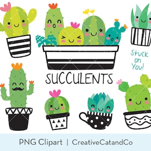 Cute Cactus Succulent PNG Clipart Set, Cactus with Face, Pot Plant Illustration, Happy Cactus Cartoon, Plant Mom, Digital Download