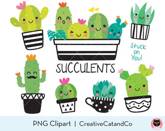 Cute Cactus Succulent PNG Clipart Set, Cactus with Face, Pot Plant Illustration, Happy Cactus Cartoon, Plant Mom, Digital Download