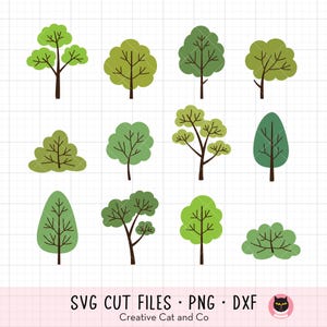 May include: A collection of twelve green tree illustrations with brown trunks and various leaf shapes. The image includes the text "SVG CUT FILES • PNG • DXF" and "Creative Cat and Co."