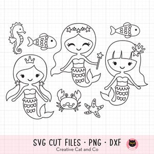 Outline Mermaid SVG PNG DXF Cute Mermaid Coloring Svg Clipart Mermaid Girl Birthday Party Coloring Activity Svg Dxf Cut Files Clipart