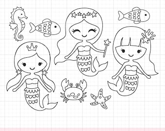 Mermaids Coloring Clipart SVG PNG DXF | Cute Mermaid Cartoon for Kids Coloring | Black and White Line Art Drawing