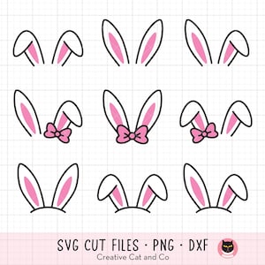 May include: Set of eight black and white bunny ear outlines with pink accents. Some of the bunny ears have a pink bow in the center.