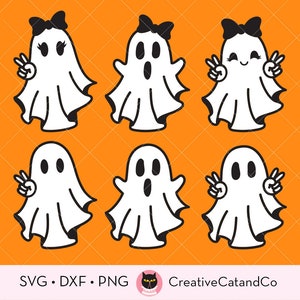 Simpatico foglio di Halloween fantasma Svg, fantasma di foglio ragazzo e ragazza, segno della mano di pace, Png, fantasma con fiocco, bambini bambini Halloween Svg tagliati file clipart