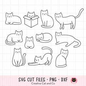 May include: A collection of white cat illustrations in various poses, including sitting, sleeping, and stretching. The image includes a cat in a box and the text "SVG CUT FILES • PNG • DXF" and "Creative Cat and Co".