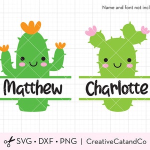 Cute Cactus Monogram Split Frame SVG Summer Cactus Succulent with Face Name Label Frame Svg Dxf Cut Files for Cricut PNG Clipart