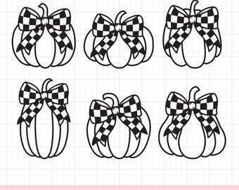 Outlined Pumpkins for Coloring SVG PNG, Fall Thanksgiving Pumpkins with Checkered Plaid Bows, Kid Coloring, Cute Halloween Pumpkins Bundle