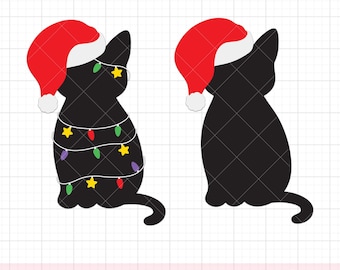 Weihnachtskatzen-Svg Png, Katze mit Weihnachtslicht und Weihnachtsmütze, schwarze Katze frohe Weihnachten, Meowy Weihnachten svg, Png, Dxf, Schnittdateien, Clipart