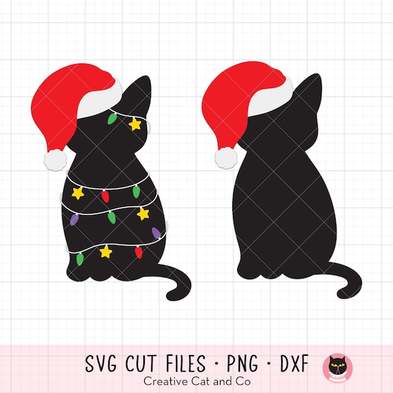 Christmas Cat Svg Png, Cat with Christmas Light and Santa Hat, Black Cat Merry Christmas, Meowy Christmas Svg, Png, Dxf, Cut Files, Clipart