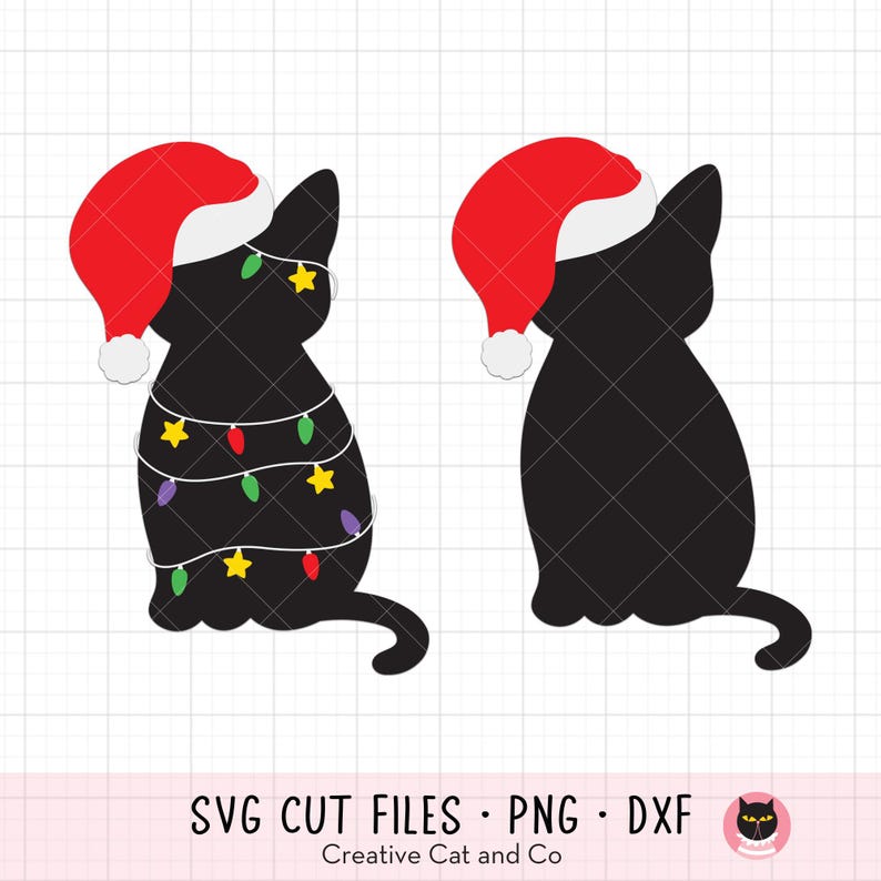 K&ouml;nnte beinhalten: Zwei schwarze Katzensilhouetten, die Weihnachtsm&uuml;tzen tragen. Eine Katze ist mit bunten Weihnachtslichtern geschm&uuml;ckt. Die Katzen schauen in entgegengesetzte Richtungen.
