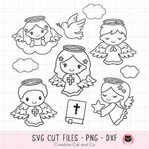 Könnte beinhalten: Schwarz-Weiß-Digitalillustrationen von Engeln, einer Taube, Wolken und einem Buch mit einem Kreuz. Die Engel haben Heiligenscheine und Flügel. Der Text "SVG CUT FILES • PNG • DXX" und "Creative Cat and Co" befindet sich unten.