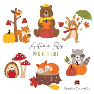 May include: A collection of autumn-themed clip art featuring a bear, squirrel, rabbit, raccoon, fox, and hedgehog. The illustrations include pumpkins, leaves, and mushrooms. Text reads "Autumn Tales PNG Clip Art."