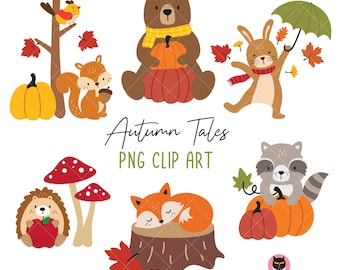 Fall Woodland Animals PNG Clipart Bundle | Cute Autumn Forest Animals with Leaves and Pumpkins | Kids Thanksgiving Crafts and Decor