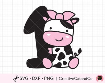 Girl Cow with Number One Svg, Png, First Birthday Cow, Baby Girl 1st Birthday, Cow with Bow, Farm Theme, Svg, Png, Cut File, Sublimation