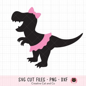チュチュスカートを着た恐竜 SVG、PNG、DXF、かわいい女の子 T-Rex バレリーナ、ピンクのリボン、クリップアート、Cricut カット ファイル、昇華、子供用 T シャツ デザイン