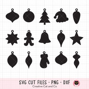 May include: Black silhouette cut files of Christmas ornaments in various shapes, including a Christmas tree, star, bell, and mitten. The image also includes the text "SVG CUT FILES • PNG • DXF" and the Creative Cat and Co logo.