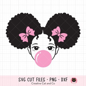 黒人の女の子の風船ガム SVG クリップアート かわいい黒人の女の子が風船ガムを吹いている アフロパフの少女 SVG DXF カットファイル Cricut クリップアート用