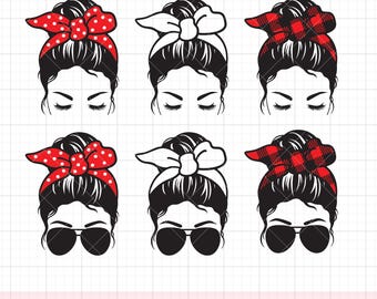 Messy Bun Woman SVG PNG Clip Art Set - Girl with Red Bandana & Big Bow Graphic - Boho Chic Woman with Sunglasses - Cricut Cut Files