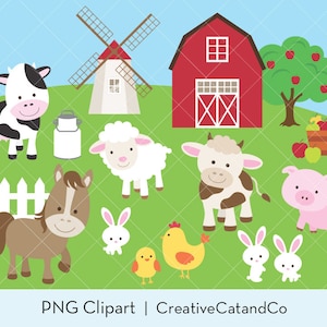 Paquete de imágenes prediseñadas de animales de granja PNG, lindo conjunto de ilustraciones de animales de granero, vaca, caballo, oveja, cerdo, pollo, dibujos animados de niños, granja, vida en la granja