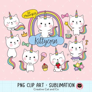 Cute Cat Unicorn PNG Clipart, Cat with Rainbow Horn & Tail, Kawaii Illustration Bundle, Dancing Kitty Cartoon, Digital Download