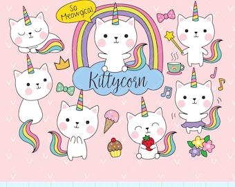 Könnte beinhalten: Ein Set digitaler Clipart-Bilder mit niedlichen weißen Katzen mit Einhornhörnern und Regenbogen-Schwänzen. Die Bilder zeigen eine Katze, die auf einer Wolke mit einem Regenbogen darüber sitzt, eine Katze, die eine Erdbeere hält, eine Katze, die einen Cupcake hält, eine Katze, die eine Tasse Tee hält, eine Katze, die tanzt und eine Katze, die schläft. Der Text "So Meowgical" und "Kittycorn" ist in den Bildern enthalten.