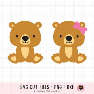 Baby Bär SVG PNG, niedlicher Junge und Mädchen Bär Clipart, sitzender Cartoon Bär, Kawaii Bär mit Schleife Illustration Design