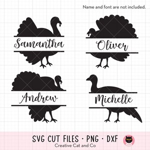 May include: Four black silhouette turkey SVG cut files with names Samantha, Oliver, Andrew, and Michelle split in half by a horizontal line.