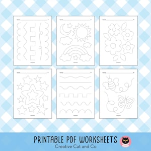 May include: Six printable PDF worksheets with dotted lines for tracing practice. The worksheets feature various shapes and designs, including zigzags, flowers, stars, and a butterfly. The text "PRINTABLE PDF WORKSHEETS" is displayed at the bottom.