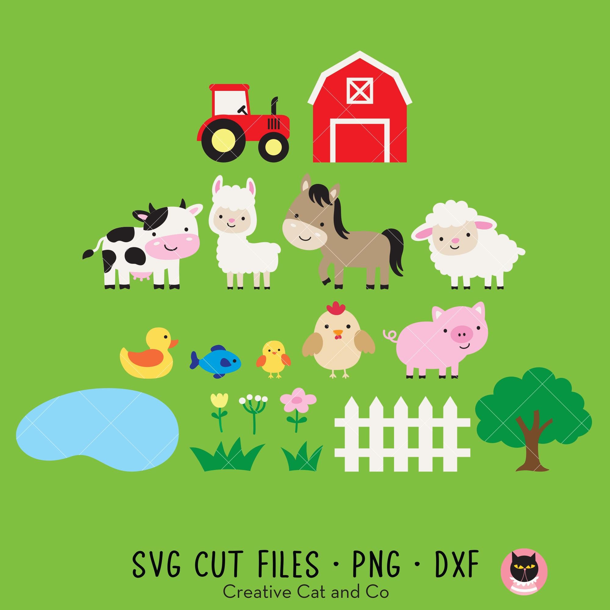 Farm Animals SVG PNG DXF Clipart | Cute Cow, Horse, Sheep, Pig, Llama ...