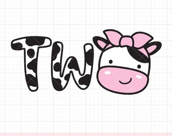 Cow Two Girl Svg, Png, 2nd Birthday Girl Svg, Cow Face with Bow, 2 Year Old Girl Birthday, Cowgirl Farm Birthday, Svg Cut File, Sublimation