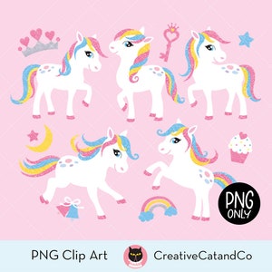 Paquete de imágenes prediseñadas de pony PNG, ilustración de caballito blanco, princesa pony arcoíris, dibujos animados infantiles de cuentos de hadas, estilo kawaii, imágenes prediseñadas sin IA