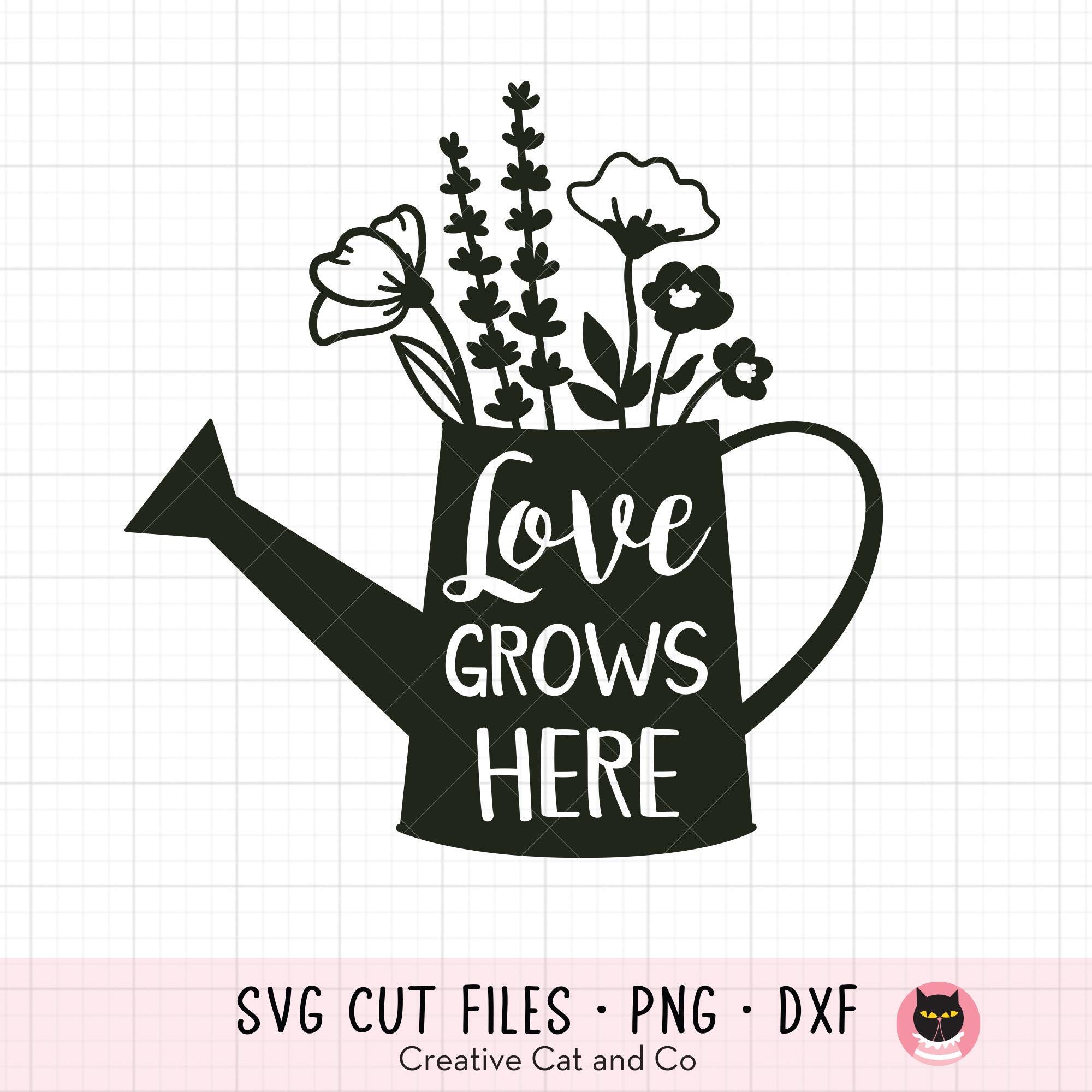 Love Grows Here SVG PNG Hand Drawn Watering Can With Flowers
