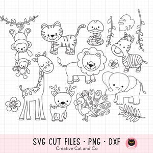 Zoo Animals Outline SVG PNG DXF Clipart | Kid Coloring Line Art | Jungle Tiger, Lion, Elephant, Zebra, Monkey, Giraffe, Snake, Deer, Peacock