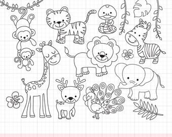 Zoo Animals Outline SVG PNG DXF Clipart | Kid Coloring Line Art | Jungle Tiger, Lion, Elephant, Zebra, Monkey, Giraffe, Snake, Deer, Peacock